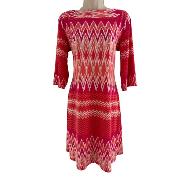 Donna Morgan Fuchsia Orange Chevron Print Boatneck Shift Dress Size 14 Stretch - Picture 1 of 8